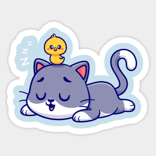 Cute Cat Sleeping With Chick Cartoon Sticker